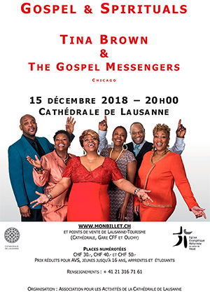 Affiche de l'évènement L'Association pour les Activités de la Cathédrale de Lausanne présente – Tina Brown & The Gospel Messengers