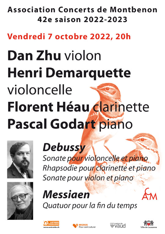 Affiche de l'évènement 42e saison des Concerts de Montbenon – Zhu, Demarquette, Héau et Godart