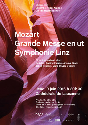 Affiche de l'évènement Ens. voc. Arpège, Chœur HEP, Die Freitagsakademie – Mozart, Grande Messe en ut