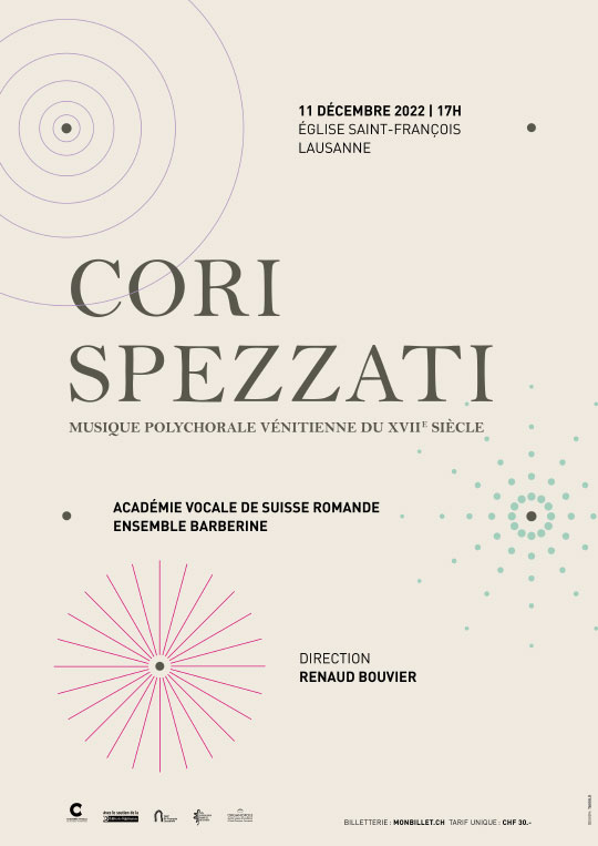 Affiche de l'évènement Avec l'Académie vocale de Suisse romande et l'Ensemble Barberine – Cori spezzati