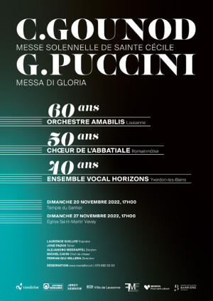 Affiche de l'évènement Ch. de l'Abbatiale Romainmôtier, Orchestre Amabilis, Ens. vocal Horizons – C. Gounod & G. Puccini – Messa di Gloria