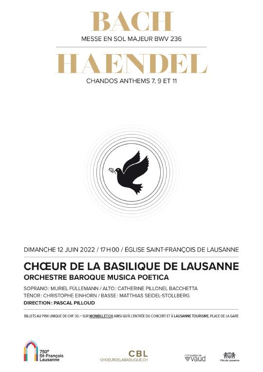 Affiche de l'évènement Chœur de la Basilique de Lausanne – Orchestre baroque Musica Poetica – Bach & Haendel