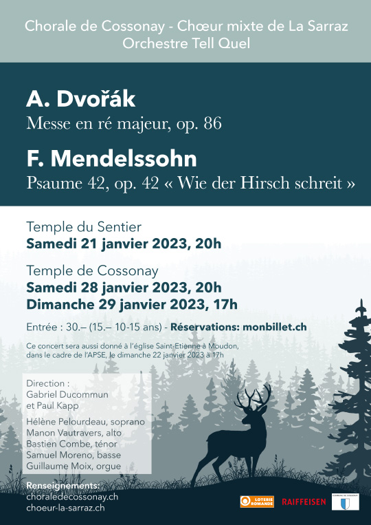 Affiche de l'évènement Chorale de Cossonay, Choeur mixte de La Sarraz et Orchestre Tell Quel – Dvořák – Mendelssohn