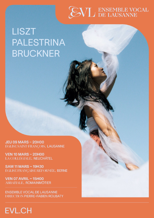 Affiche de l'évènement L'Ensemble vocal de Lausanne présente: – Liszt – Palestrina – Bruckner