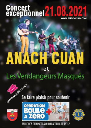 Affiche de l'évènement Concert en faveur de l'Opération Boule à Zéro – Anach Cuan et les Vendangeurs Masqués