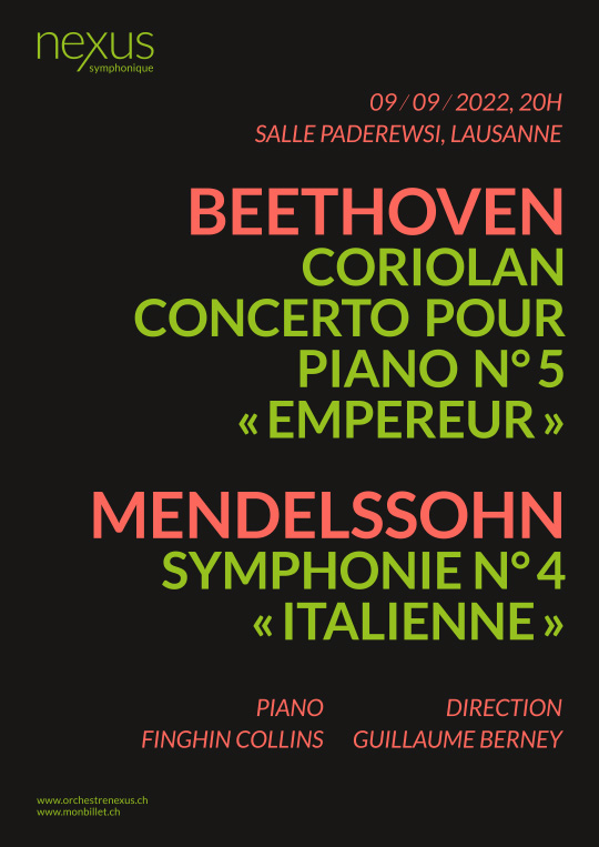 Affiche de l'évènement Par l’Orchestre Nexus symphonique, – avec Finghin Collins, pianiste – Beethoven & Mendelssohn