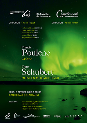 Affiche de l'évènement Ensemble Vocal Bis, Chapelle vocale Romainmôtier, Sinfonietta Lausanne – Poulenc, Schubert