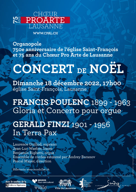 Affiche de l'évènement 75 ans du Choeur Pro Arte de Lausanne, dans le cadre d'Organopole – Concert de Noël – Pro Arte