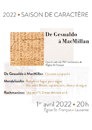 Affiche de l'évènement Le Choeur Laudate Deum en Choeur de Chambre présente: – De Gesualdo à MacMillan