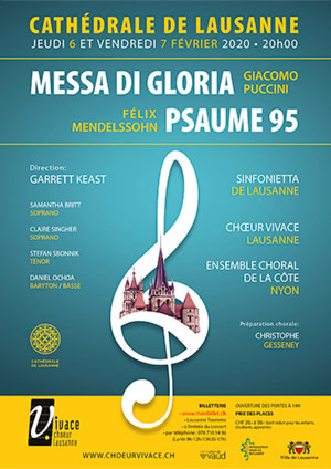 Affiche de l'évènement Chœur Vivace, Ensemble Choral de la Côte, Sinfonietta de Lausanne – Puccini, Messa di Gloria – Mendelssohn, Psaume 95