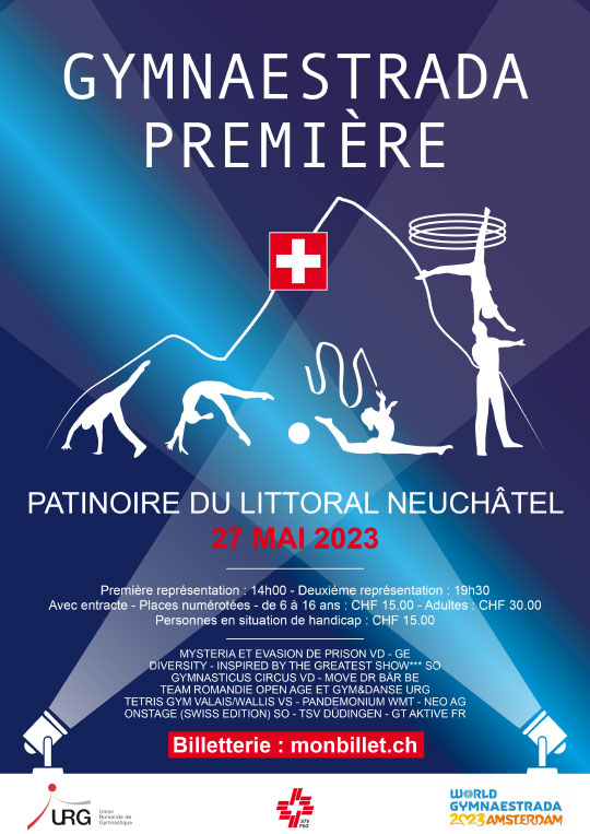 Affiche de l'évènement Productions de groupes des 850 gymnastes de la délégation suisse – Gymnaestrada – Première
